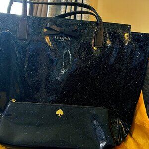 Kate Spade Mavis Street Navy Glitter Tote and Cosmetic Bag